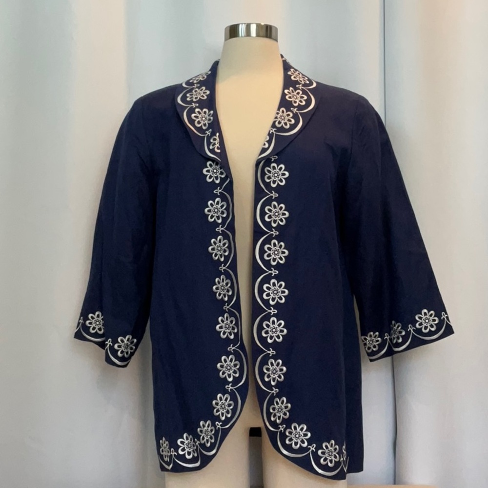 NWT Bob Mackie Wearable Art Navy Jacket White Floral Embroidery Women Size M
